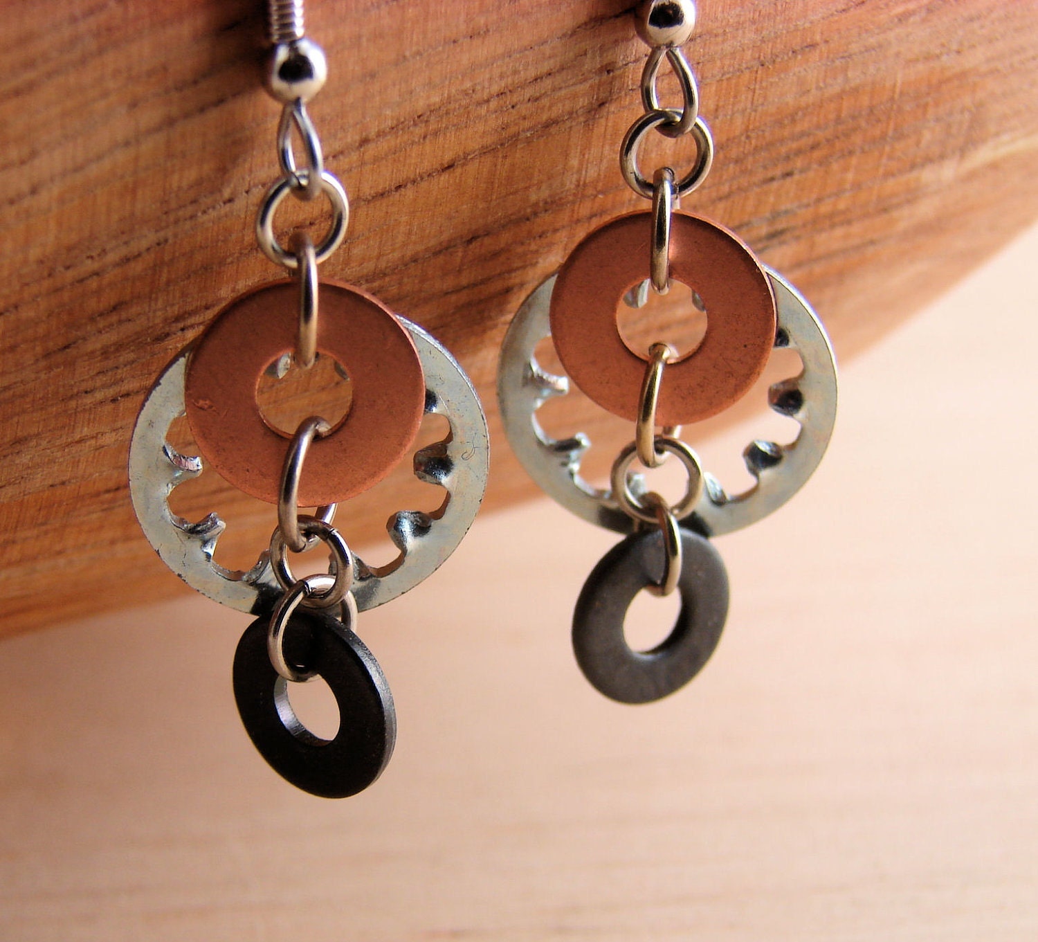 Steampunk Dangle Earrings Mixed Metal Hardware Jewelry Industrial Lock Washer Copper and Black Washer Hardware