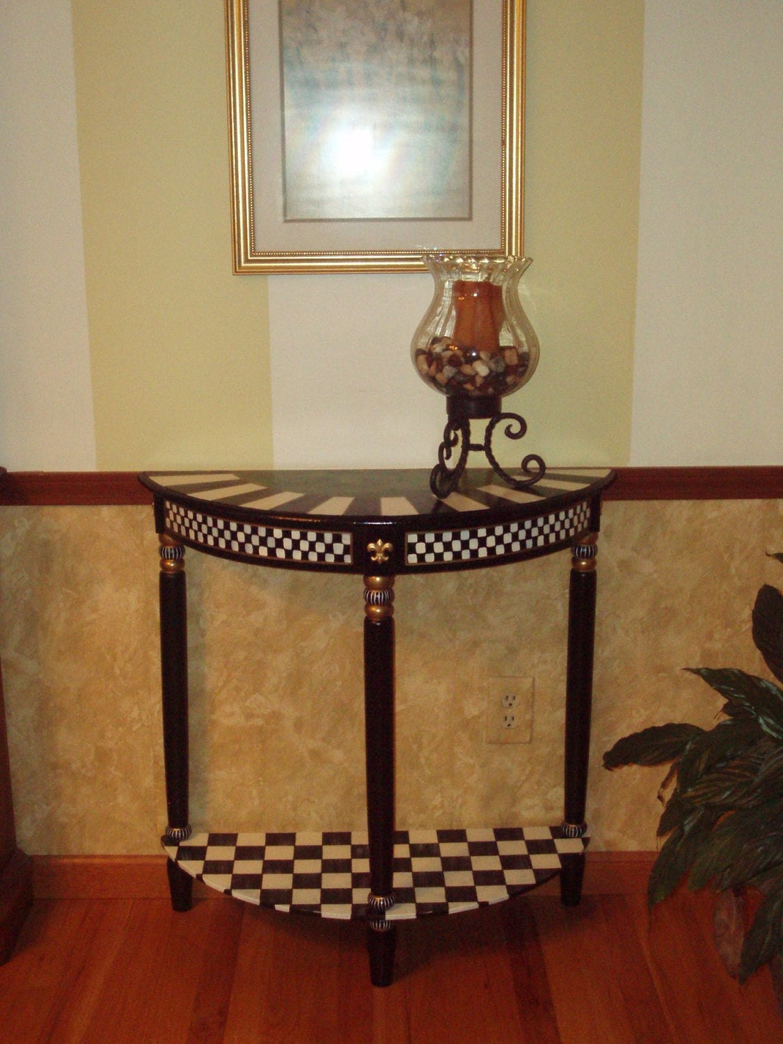 Hand Painted Black and White Checked Half Round Table - Green Gold - Buttercream Gold
