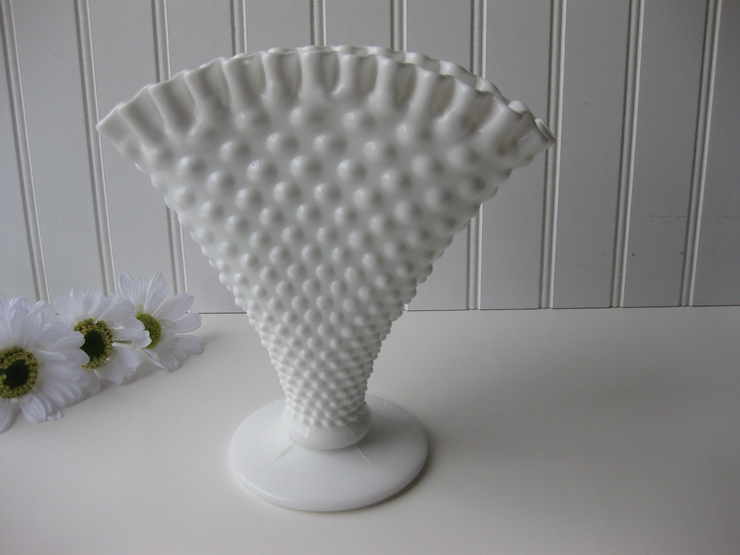 Classic Vintage Fenton Milk Glass Hobnail Fan Vase