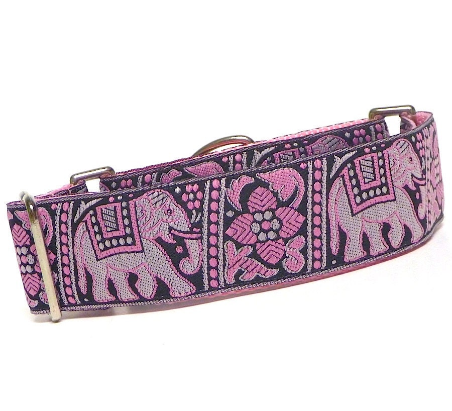 1.5" LG Martingale Collar PINK ELEPHANTS pink and black jacquard trim Dog Collar