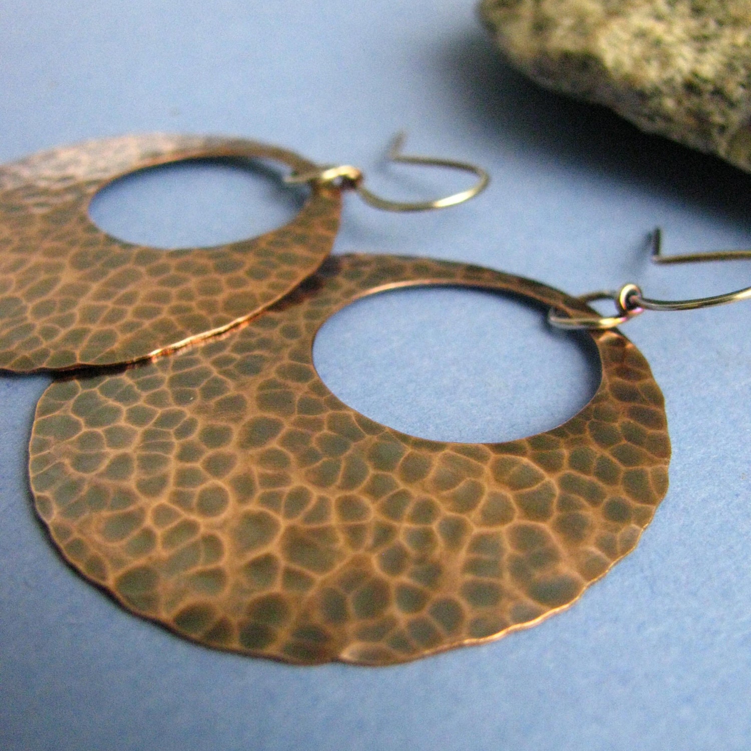 Large Copper Gypsy Hoop Earrings - Rustic Hammered Sterling Silver And Copper Mixed Metal Simple Bohemian Jewelry
