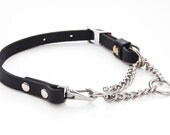 Martingale Collar--adjustable leather and chain collar, BLACK and Stainless steel Medium size