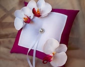 Magenta White Orchid Ring Bearer Pillow Rhinestone Flower Bloom Bridal Wedding
