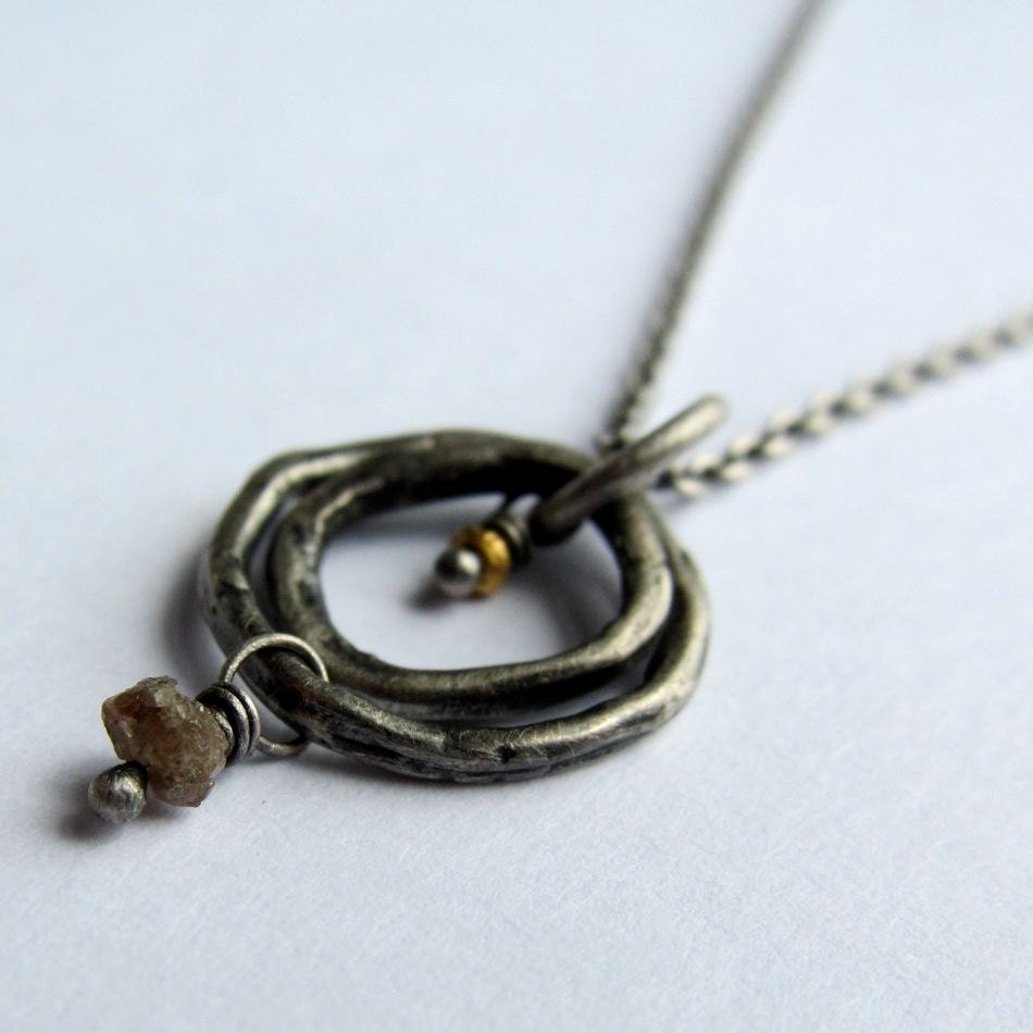 Gold and Rough Diamond Everyday Necklace with Oxidized Silver Pendant