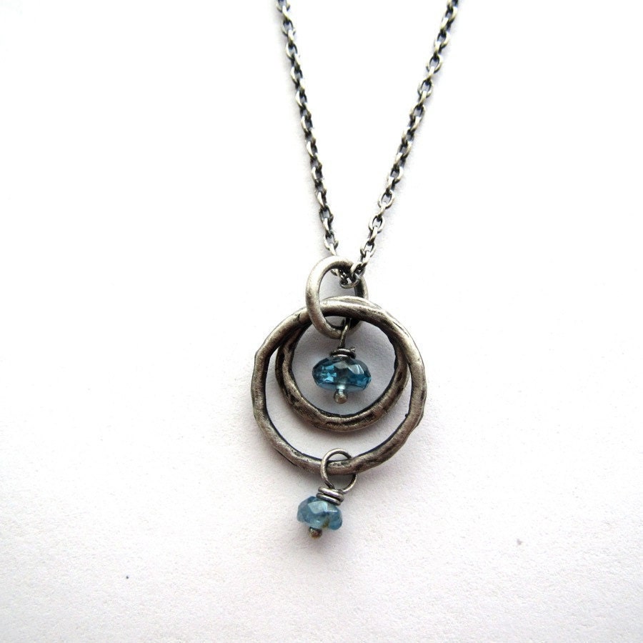 Gemstone Necklace, Pendant Necklace, Oxidized Silver chain, Distressed Silver Circles, Dainty Necklace