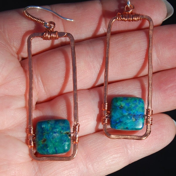 Hammered Copper Earrings Green Blue Azurite Natural Stone Hoop Frame Sterling Silver Earwires Mixed Metal