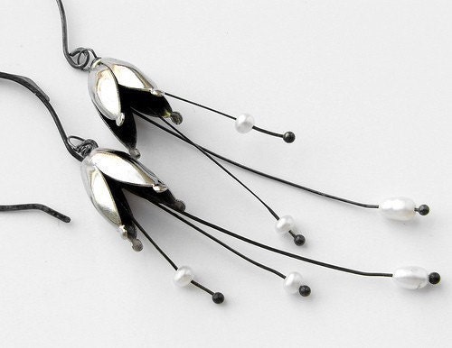 Floral Pearl Drop earrings, tulip flower bell oxidized sterling silver and pearls earrings - simple everyday sleek earrings