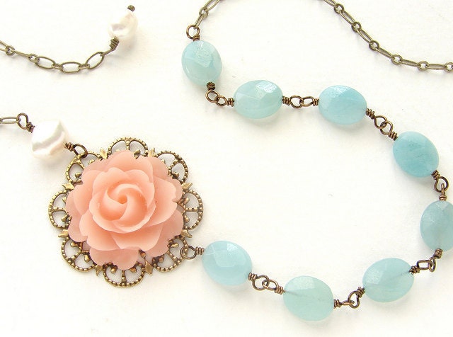Blush Pink Rose aqua Necklace, Bridesmaid jewelry, Seafoam stones wedding necklace bridal wedding jewelry