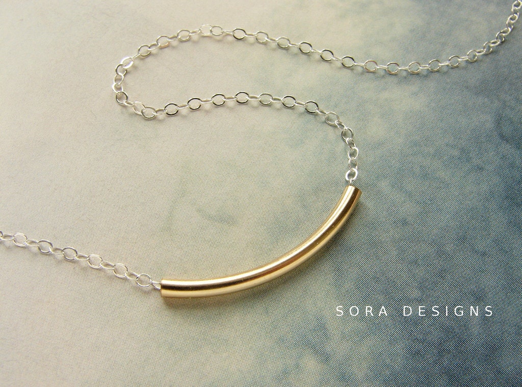 Gold tube necklace, Simple gold and silver everyday sterling silver delicate dainty necklace, gold tube bar