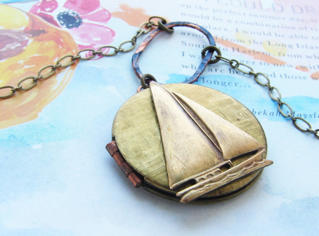 Sailboat Locket Necklace -vintage locket necklace, sailboat necklace, nautical marine sailor necklace