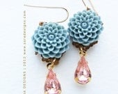Bridesmaid jewelry, Pale blue blush pink flower earrings, bridal wedding earrings, vintage rose pink rhinestone earrings