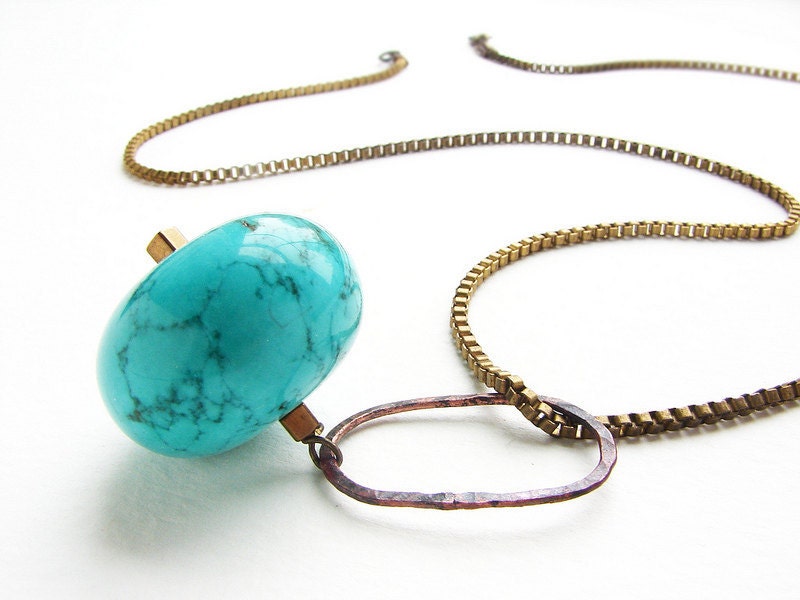 Chunky turquoise sphere long necklace - hand hammered oval link with vintage box chain mod necklace