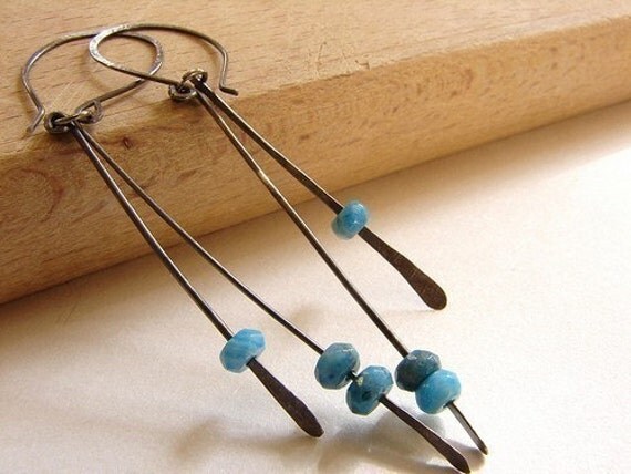 blue stones earrings - sleek modern metal earrings, blue agates oxidized sterling silver hammered earrings