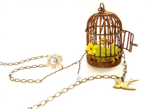 Rustic Bird Cage necklace, vintage glass beaded flower, flying bird necklace floral jewelry spring garden