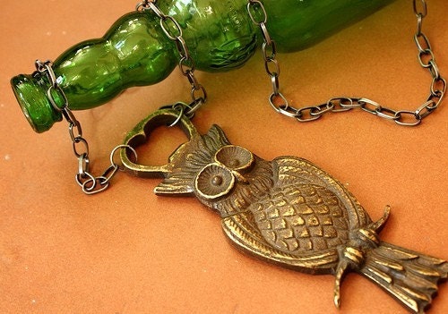 Bronze Owl Bottle Opener Necklace - owl necklace, bottle opener necklace, long owl necklace