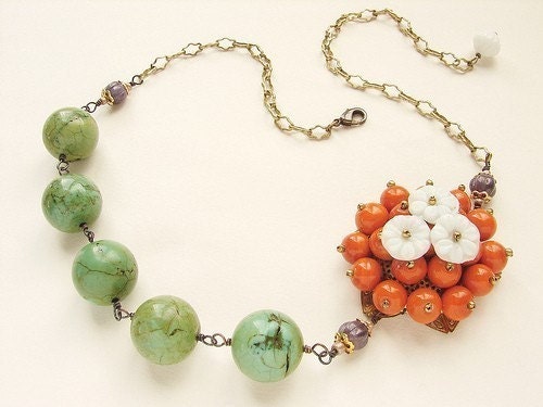 Tangerine Orange Statement Necklace, Statement jewelry, Beaded tangerine flower green turquoise - Floral jewelry