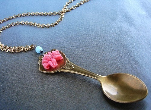 Miniature spoon necklace - coral rose blue glass little spoon necklace - long spoon necklace