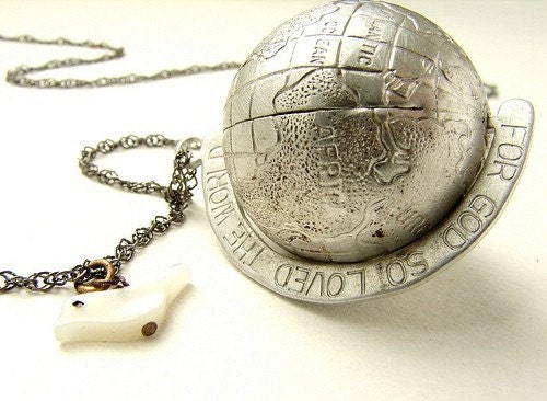 Vintage Globe Necklace, Earth and dove necklace, Peace Necklace, Vintage globe pendant, World Peace necklace