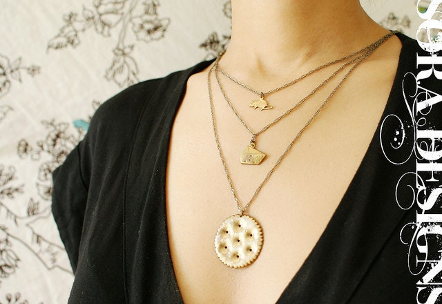 Ritz Cracker Necklace Mouse cheese Layered long chain cracker charm foodie necklace Mothers day