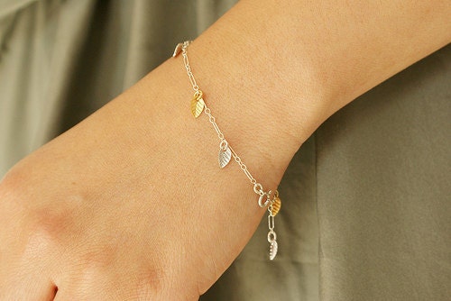 Metallic leaf bracelet, tiny clustered gold leaf bracelet, delicate everyday jewelry, bridesmaids bracelet