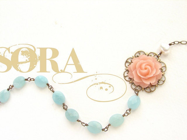 Blush Pink Rose aqua Necklace, Bridesmaid jewelry, Seafoam stones wedding necklace bridal wedding jewelry