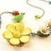 Vintage Yellow Buttercup Daisy Green Bird Necklace, Vintage Brooch orange flower bird necklace