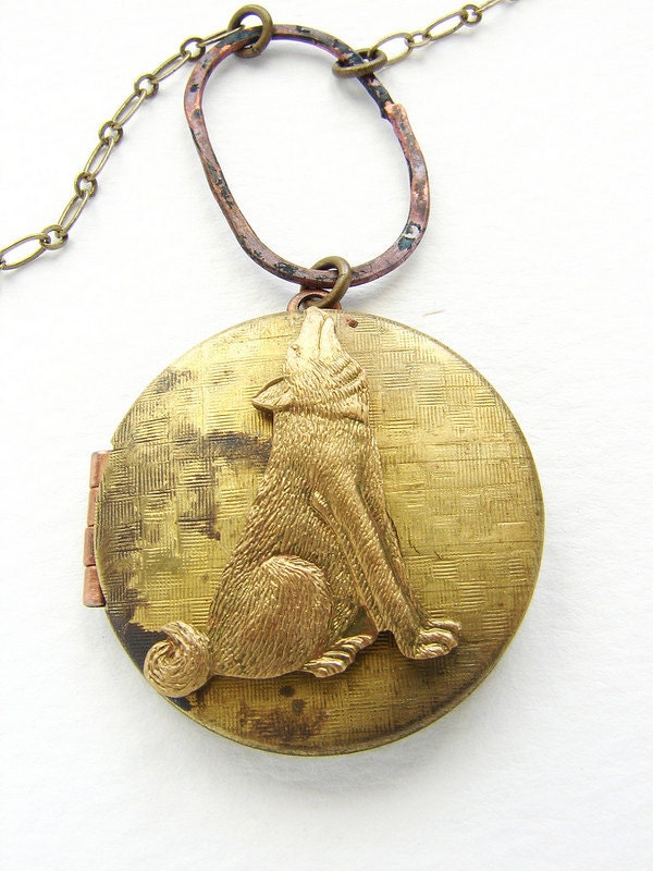 Wolf Locket Necklace -vintage locket long necklace, howling wolf necklace