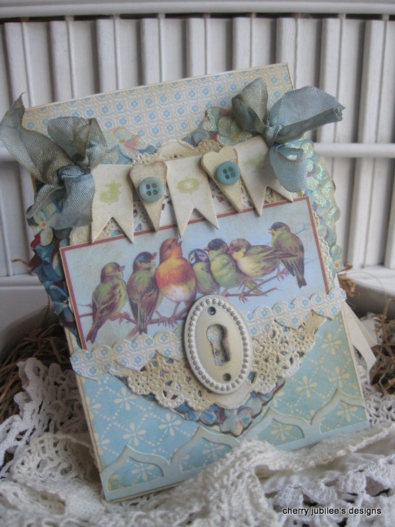 shabby chic birds on a branch JOY banner key hole hydrangia heart handmade card