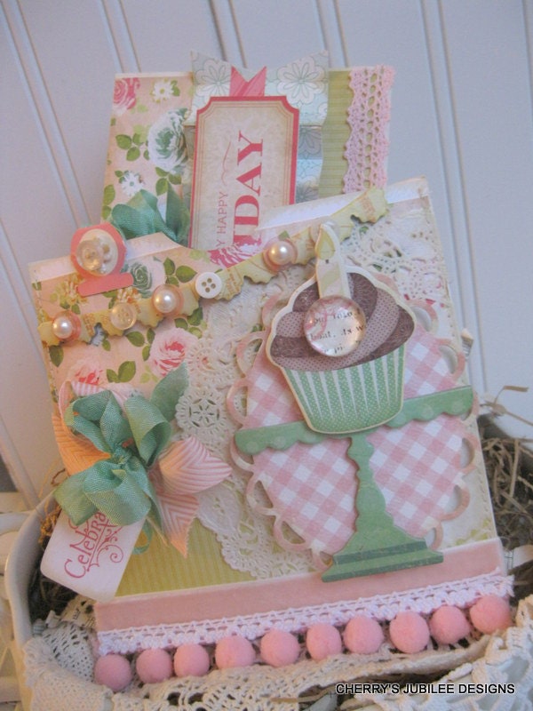 shabby chic Birthday cheer embellished pocket envelope and matching card decoration gift set