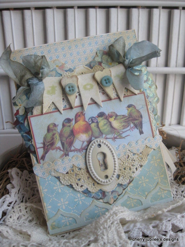 shabby chic birds on a branch JOY banner key hole hydrangia heart handmade card