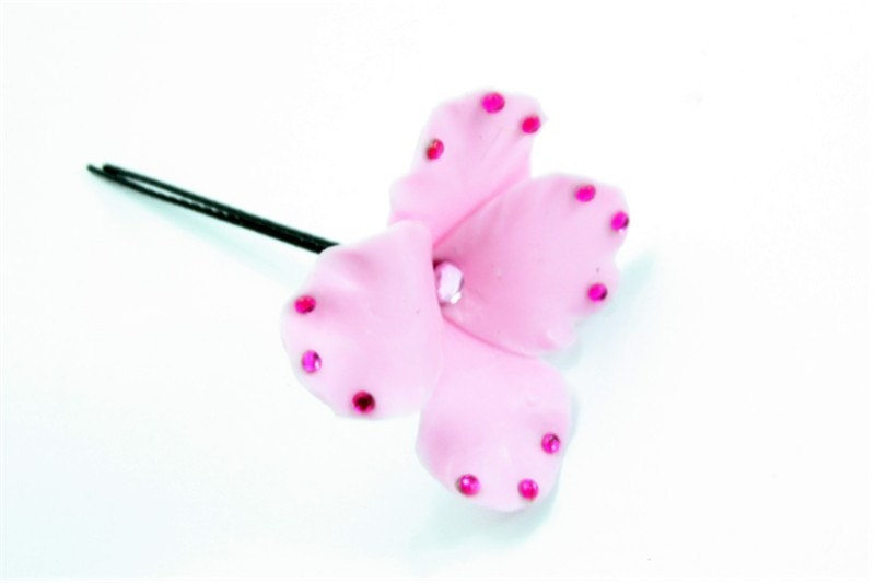 Pair of Handcrafted Clay Hydrangea Hair Pins, Sweet Pink Color with crystal