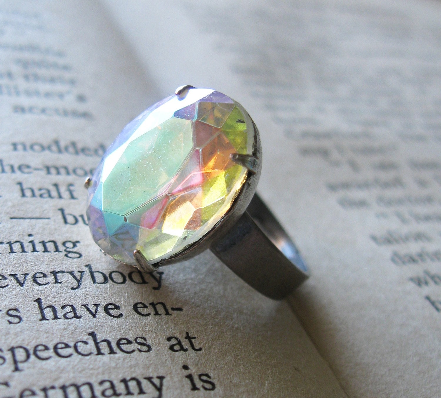 Hepburn . Sparkle . Adjustable Ring . Antiqued Silver . Classic Hollywood Glam . Vintage West German Crystal