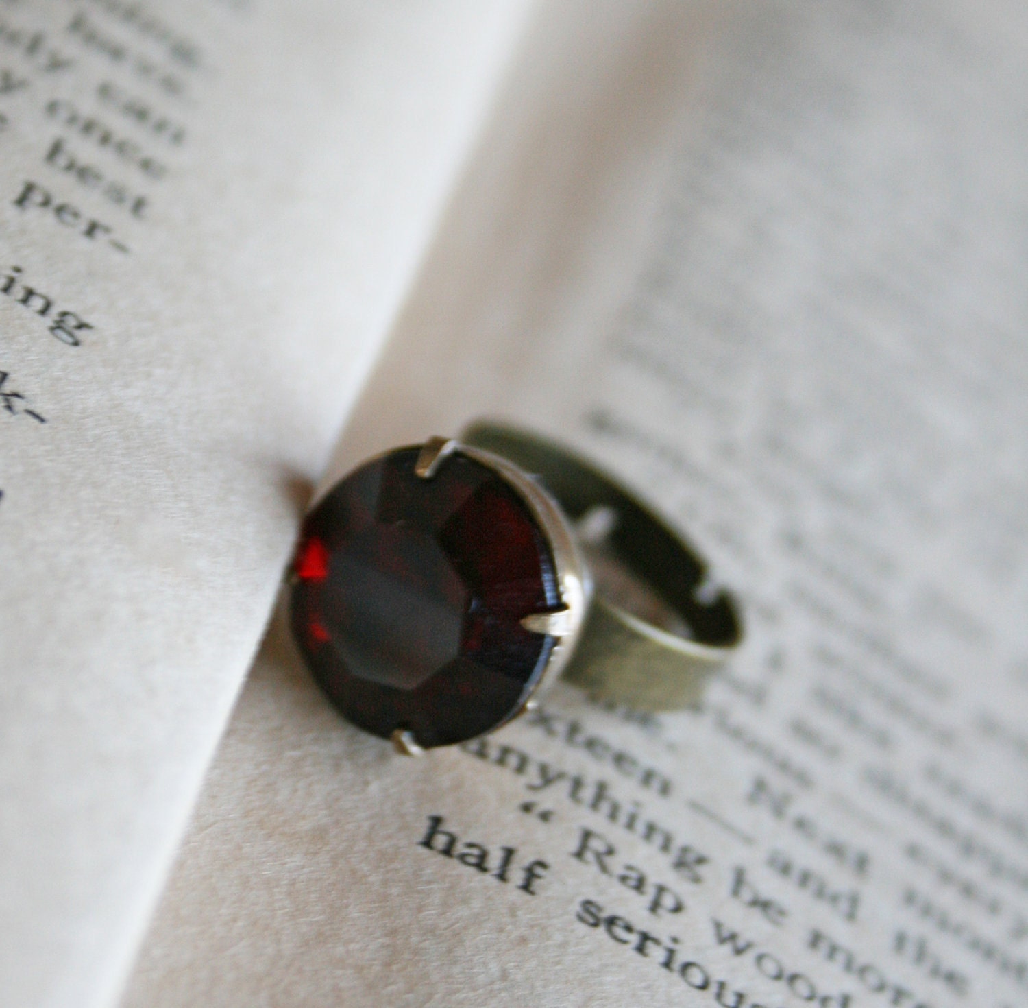 Garnet Red Cocktail Ring .Old Hollywood Estate Style Adjustable Ring - Clara Bow