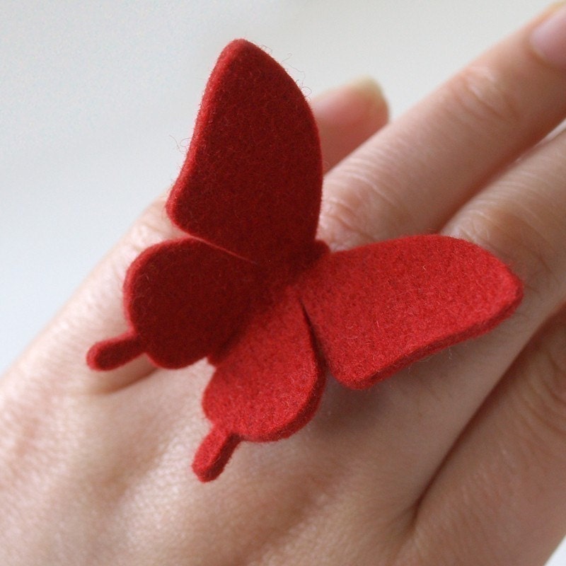 BUTTERFLY RING - 100% wool felt -  Valentine Red - large swallowtail