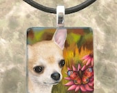 Art Glass Pendant 1x1 Jewelry Necklace from art painting Dog 85 Chihuahua by L.Dumas