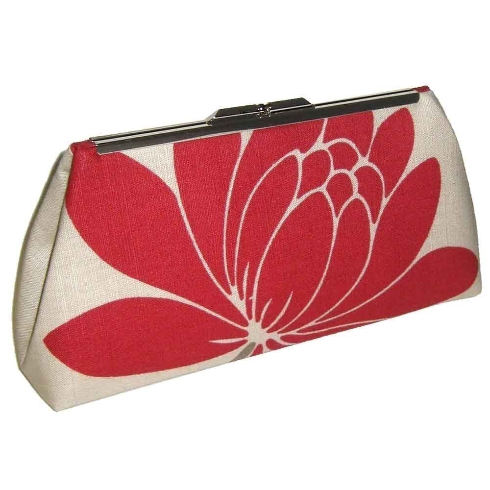 MODERN CLUTCH - Red Lotus Flower - Natural Glazed Linen - Silk Lining
