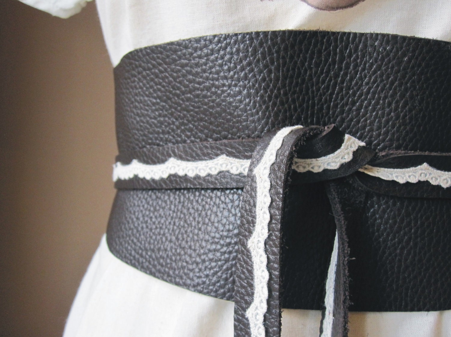 Romantic Lace - Dark Brown Leather Obi Belt with Vintage Lace