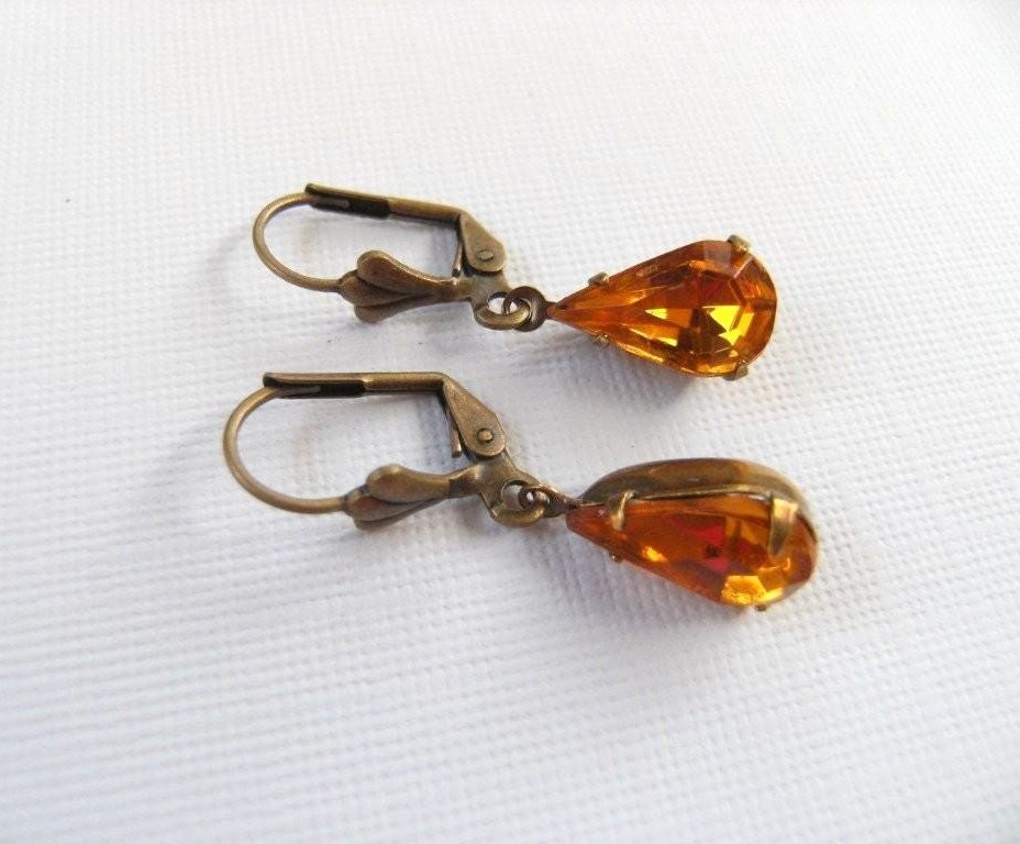 Vintage Yellow Jewel Glass Teardrop and Brass Earrings