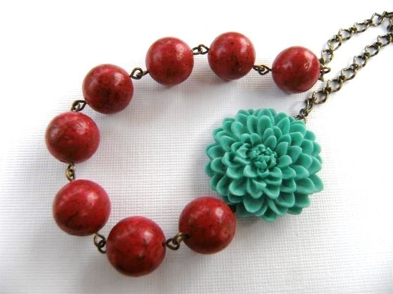 Handmade Necklace Teal Blue Dahlia and Red Sponge Coral
