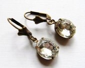 Vintage Clear Jewel Glass Oval and Brass Earrings