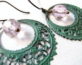 Verdigris Hoops and Pink Faceted Glass Earrings