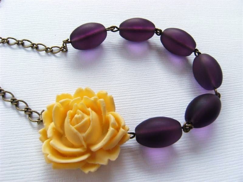 Handmade Necklace Yellow Rose and Vintage Purple Glass