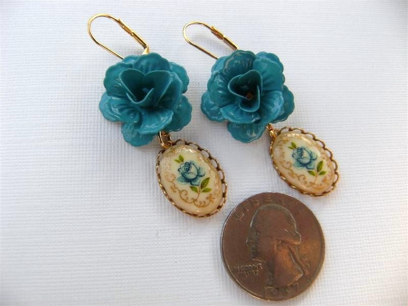 Earrings Blue Rose and Vintage Cameo