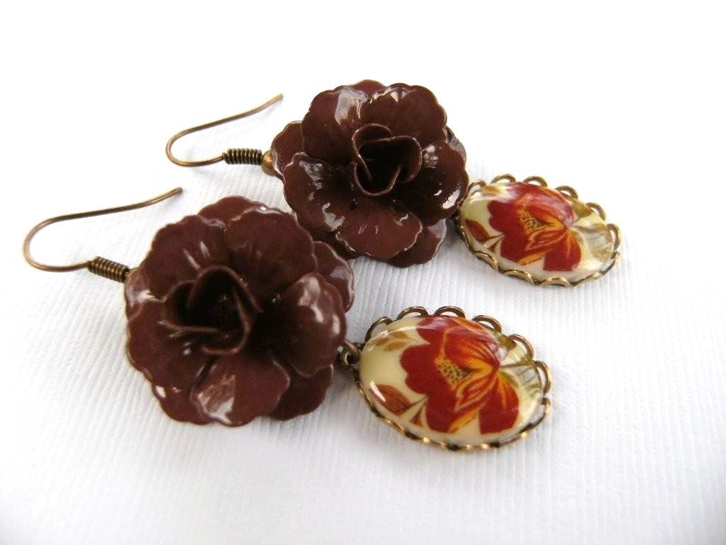 Handmade Brown Rose and Vintage Cameo Earrings