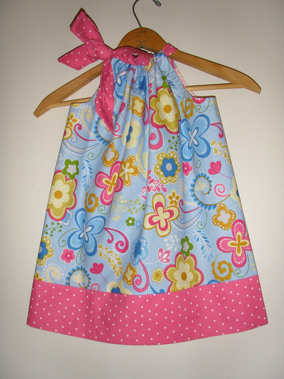 pillowcase dress Blue and Pink Daisy Daze polka dots SIZE Large ONLY