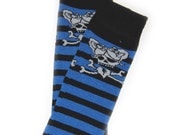 Crawler Covers Baby Leg Warmers--Black and Blue Striped with Girly Skull