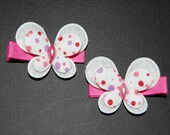 White with Pink and Purple Polka Dots Butterfly Appliques Hair Clippies (Set of 2)
