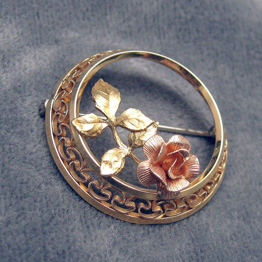 Vintage Rose Brooch Classic Gold Filled Circle Krementz P3225