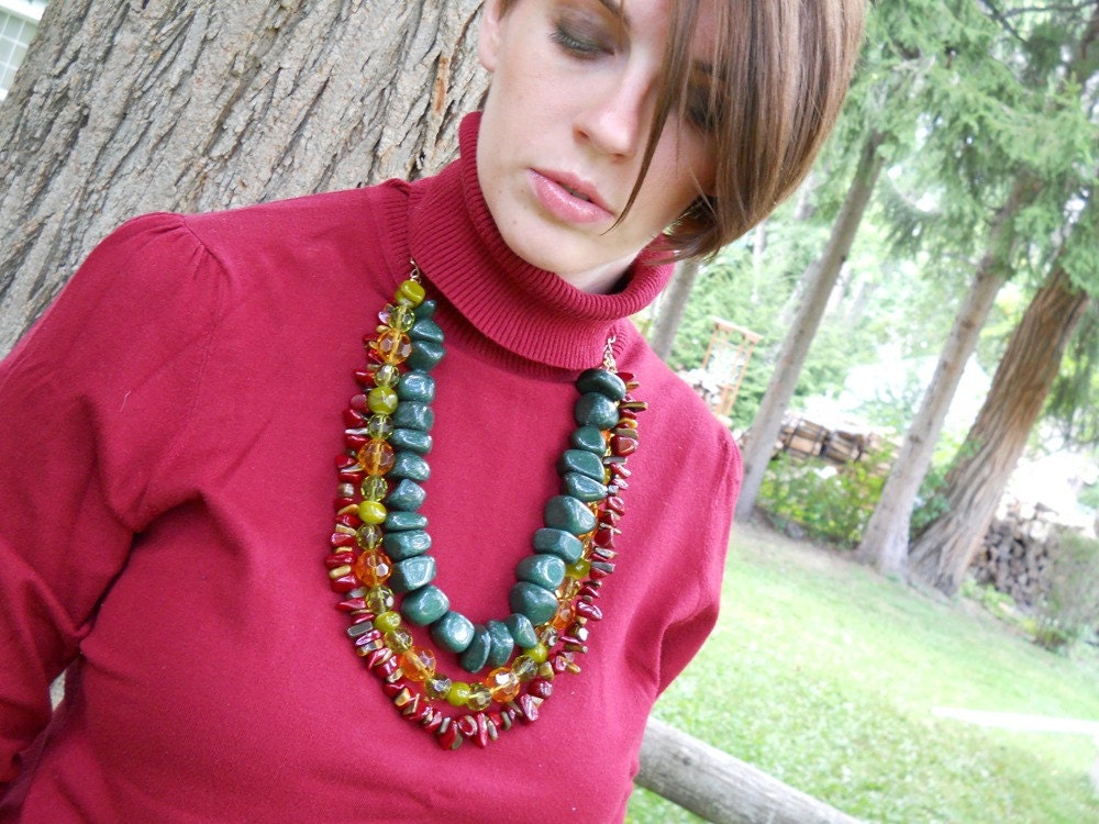 Foliage necklace- multi-strand, red, green, orange, brown, jade, peridot, tiger eye