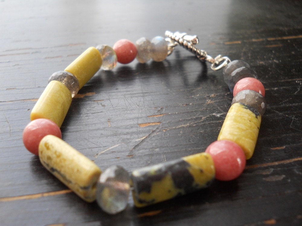 Splendor in the Grass bracelet - pink, yellow turquoise, labradorite, chartreuse, grey